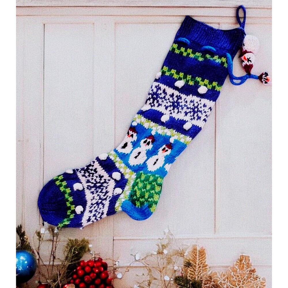 VTG Knit Christmas Stocking Snowman Blue Green Snowman Tassels Crochet Yarn